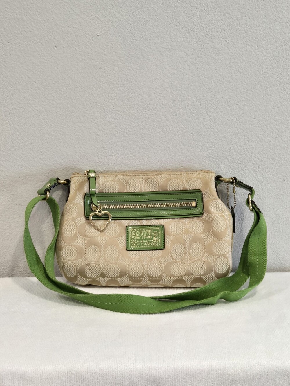 Coach Signature Canvas Crossbody Bag in Beige with Green Trim